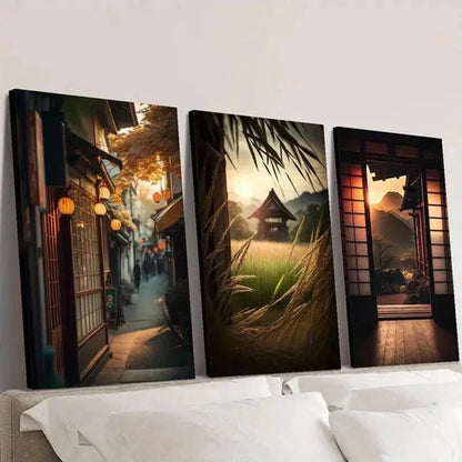 3pcs Japanese Classical Architecture at Sunset Wall Art Canvas Unframed - High Quality Print 100% Australian Made Wall Canvas