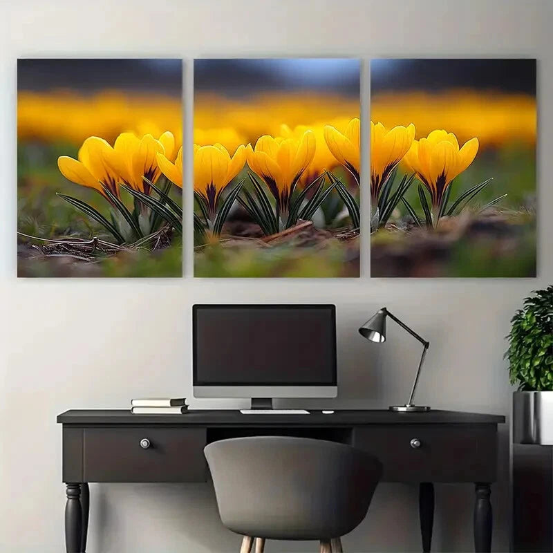 3pcs Vibrant Golden Yellow Crocus Field Metal Print Ready to Hang Art - Bella Home Decor