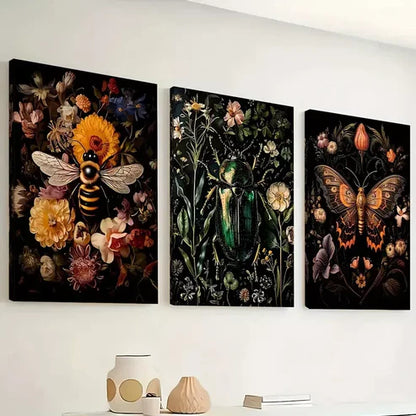 3pcs Featuring Insect Overhead Floral Colorful Wall Art Canvas Unframed - High Quality Print 100% Australian Made Wall Canvas