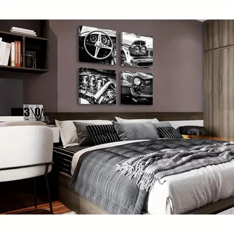 4pcs Black And White Wall Art Vintage CarWall Art Canvas Framed - Bella Home Decor