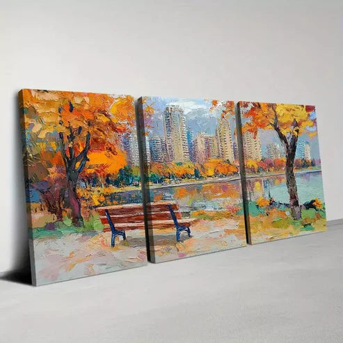 3pcs Beautiful City Park with Lake & Tree View Wall Art Canvas Unframed - High Quality Print 100% Australian Made Wall Canvas