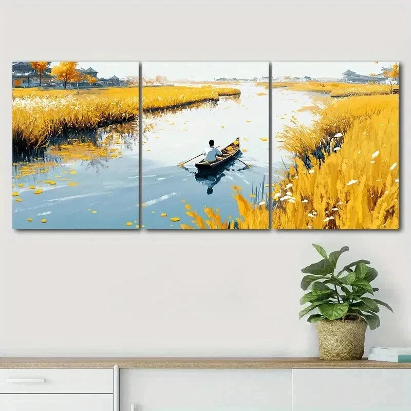3pcs Stunning Autumn Scenery Boat Perfect Wall Art Set Canvas Framed 50x70cm - High Quality Print 100% Australian Made Wall Canvas Ready to Hang