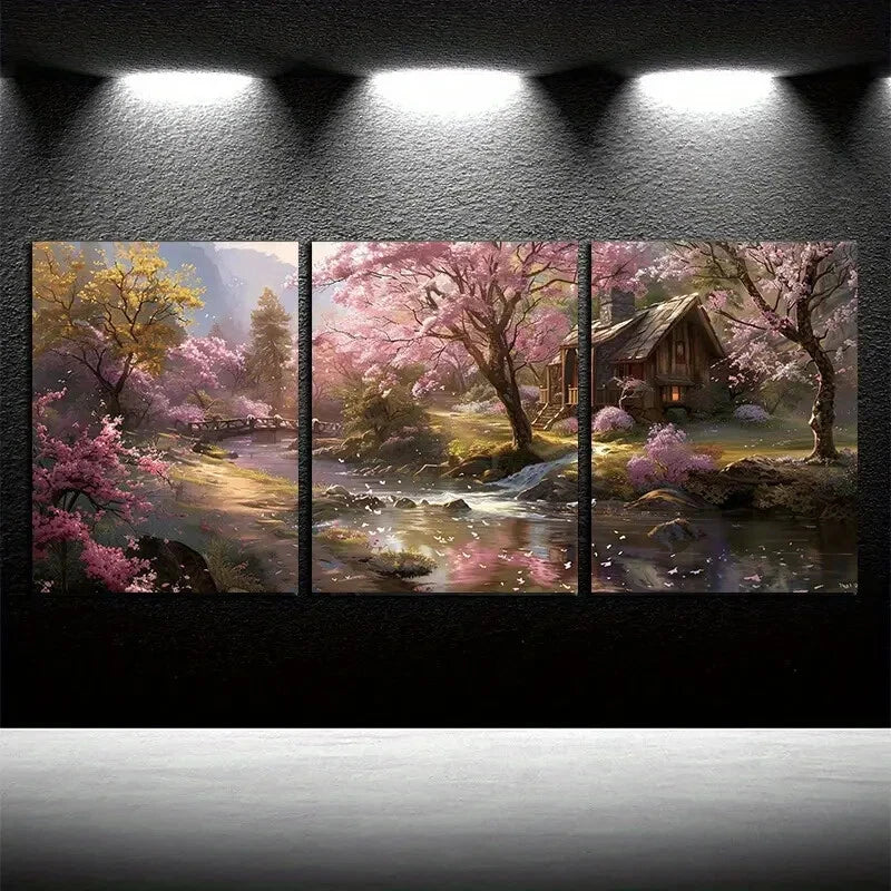 3pcs Vibrant Houses By The Creek with Pink Florals Metal Print Ready to Hang Art - Bella Home Decor