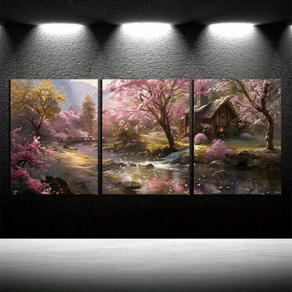 3pcs Vibrant Houses By The Creek with Pink Florals Metal Print Ready to Hang Art - Bella Home Decor