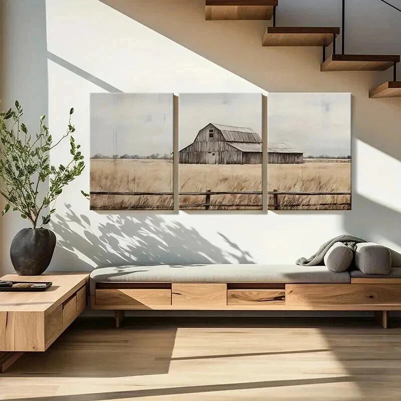 3pcs Rustic Barn Golden Field Wooden Fence Wall Art Set Canvas Framed 60x90cm - High Quality Print 100% Australian Made Wall Canvas Ready to Hang - Bella Home Decor