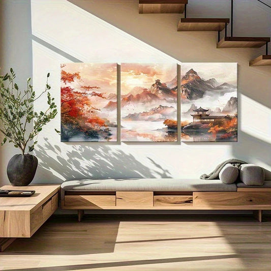 Modern living room with wooden furniture and a large wall art piece.