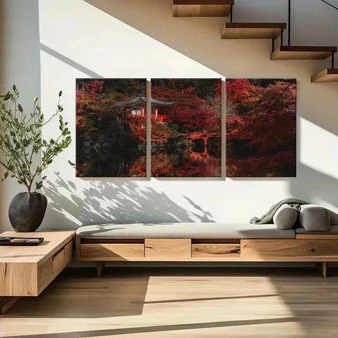 3pcs Japanese Red Maple Forest Moder Wall Art Set Canvas Unframed - High Quality Print 100% Australian Made Wall Canvas