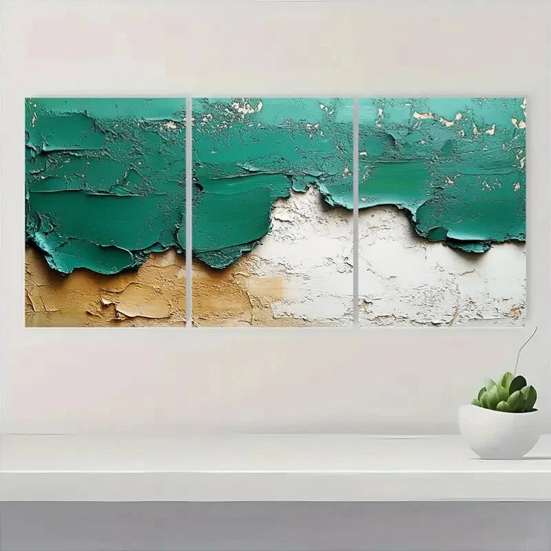 3pcs Abstract Green & White Textured Metal Print Ready to Hang Art - Bella Home Decor