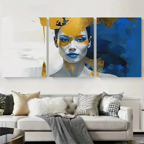 3pcs Blue Golden Abstract Portrait Wall Art Canvas Unframed - High Quality Print 100% Australian Made Wall Canvas - Bella Home Decor