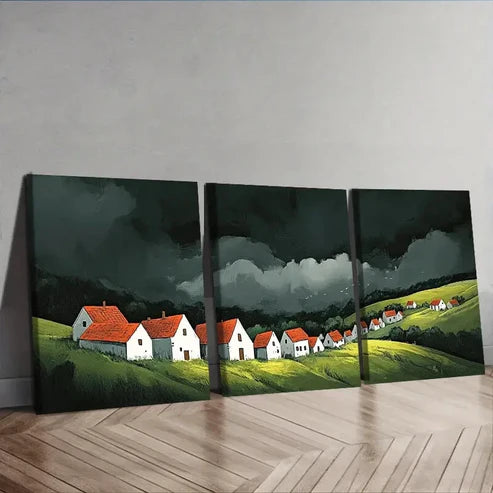 3pcs A little village with red roofs Wall Art Set Canvas Unframed - High Quality Print 100% Australian Made Wall Canvas