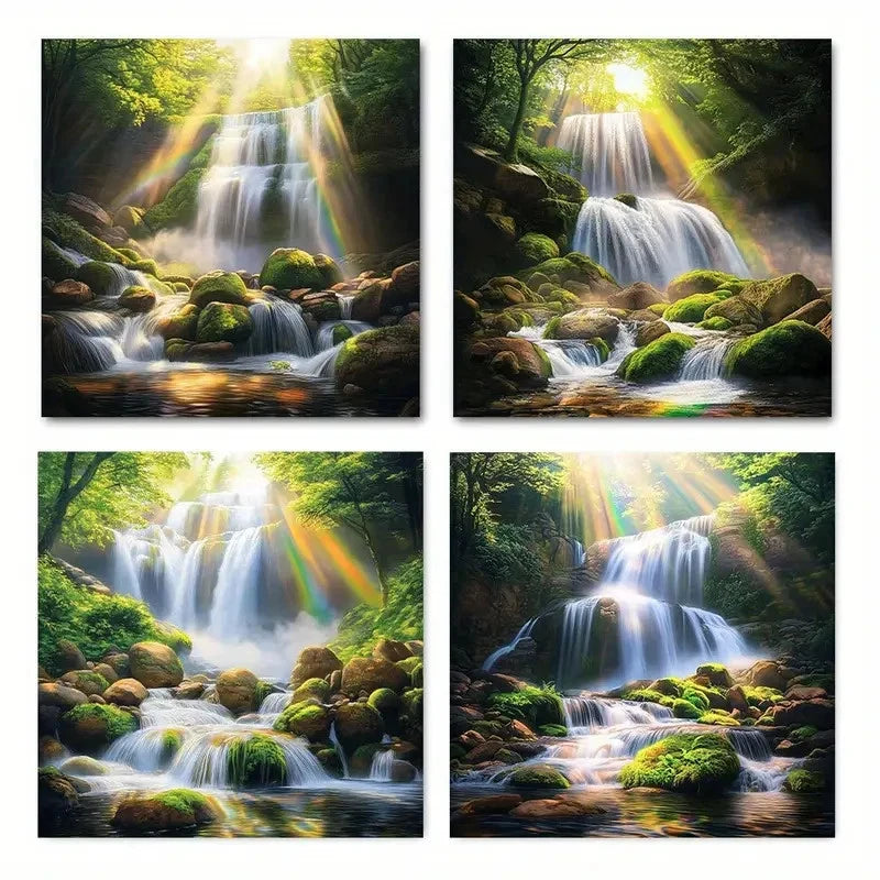 4pcs Waterfall rainbow stoneWall Art Canvas Framed