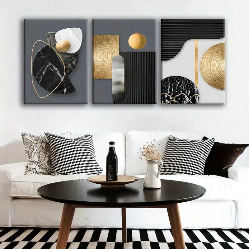 3pcs Black White & Golden Geometric Metal Print Ready to Hang Art