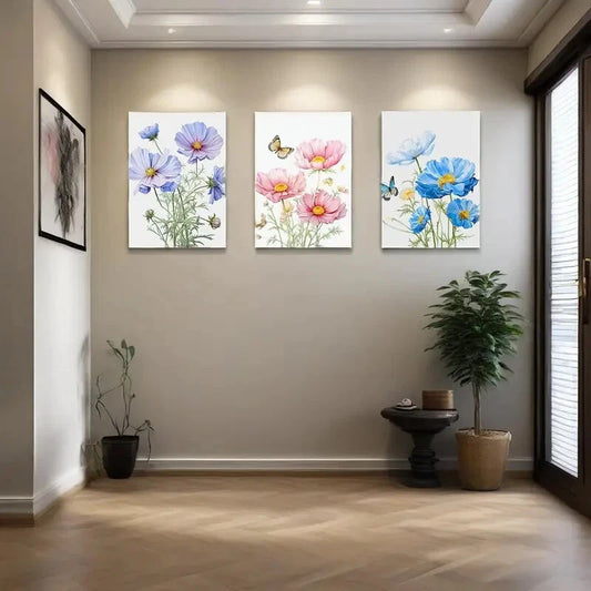 3pcs Colorful Floral Picture Blue Yellow Pink Metal Print Ready to Hang Art