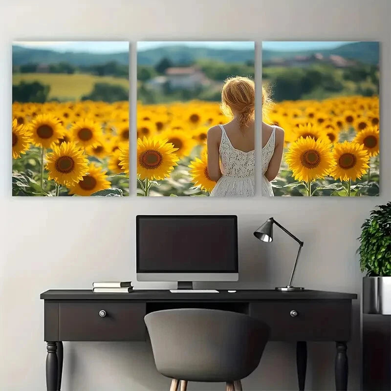 3pcs Golden Yellow Sunflowers with Cute Women Metal Print Ready to Hang Art