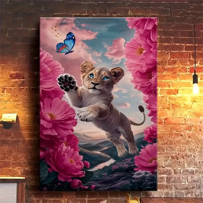 Cute Little Lion, Oil Painting 60x90cm Metal Print Ready to Hang