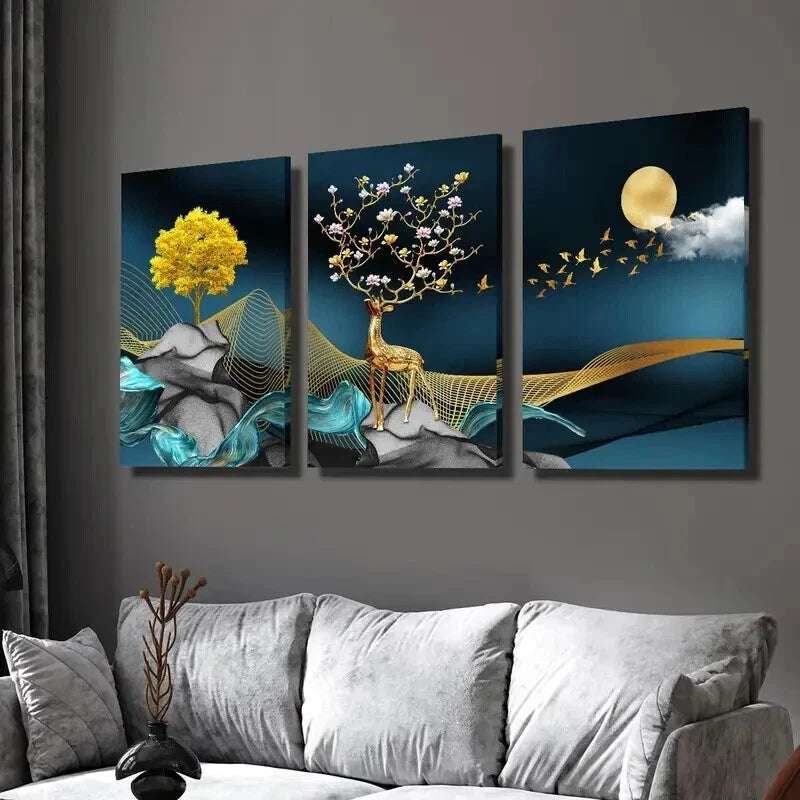 3pcs Elk & Flying Birds Full Moon Money Tree Wall Art Set Canvas Framed 60x90cm - High Quality Print 100% Australian Made Wall Canvas Ready to Hang