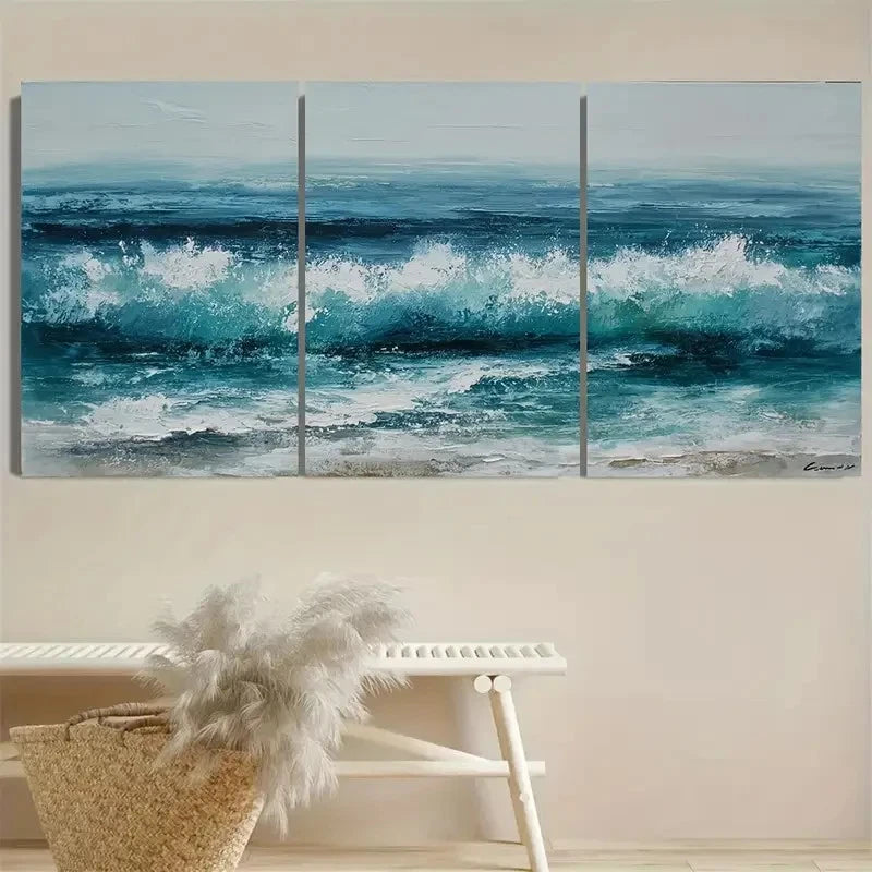 3pcs Green Ocean Wave Wall Art Set Canvas Framed 50x70cm - High Quality Print 100% Australian Made Wall Canvas Ready to Hang