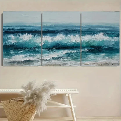 3pcs Green Ocean Wave Wall Art Set Canvas Framed 50x70cm - High Quality Print 100% Australian Made Wall Canvas Ready to Hang
