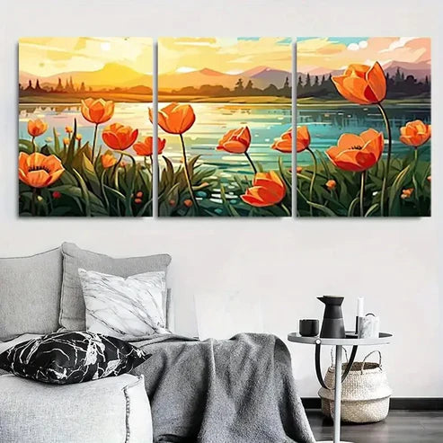 3pcs Sunrise Orange Tulip Lake Wall Art Canvas Unframed - High Quality Print 100% Australian Made Wall Canvas