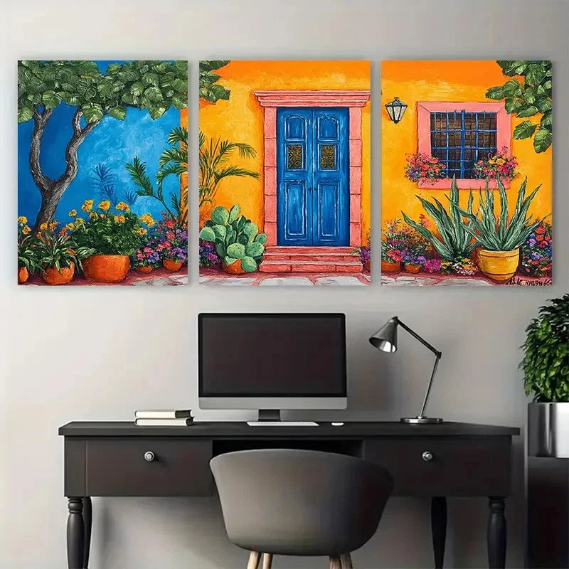 3pcs Colorful Mexican House Courtyard Garden Metal Print Ready to Hang Art - Bella Home Decor