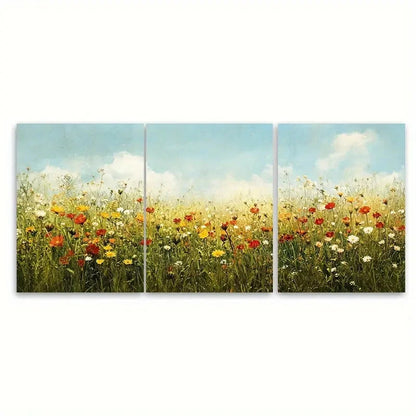 3pcs Summer Bliss Vintage Wildflower Field Wall Art Set Canvas Framed 50x70cm - High Quality Print 100% Australian Made Wall Canvas Ready to Hang