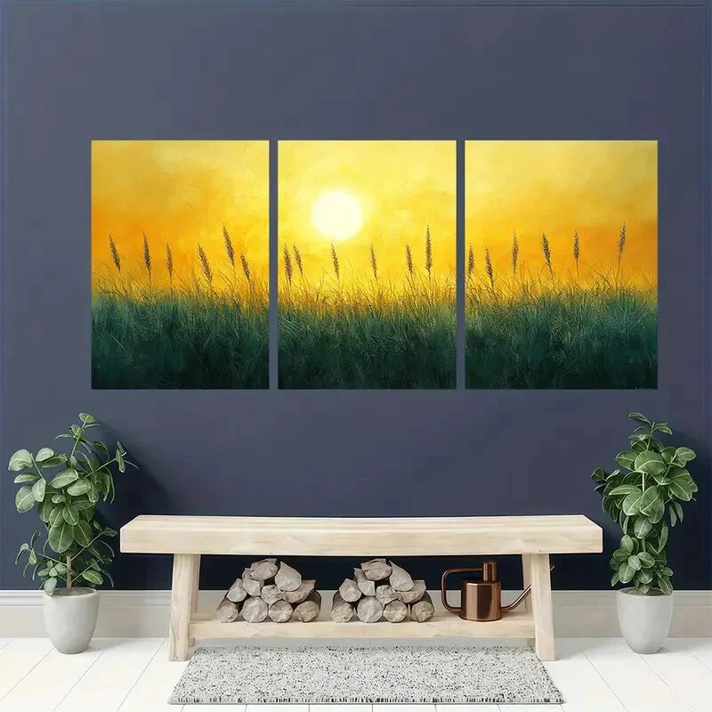 3pcs Sun kissed Grassland Metal Yellow Olive Green Print Ready to Hang Art - Bella Home Decor