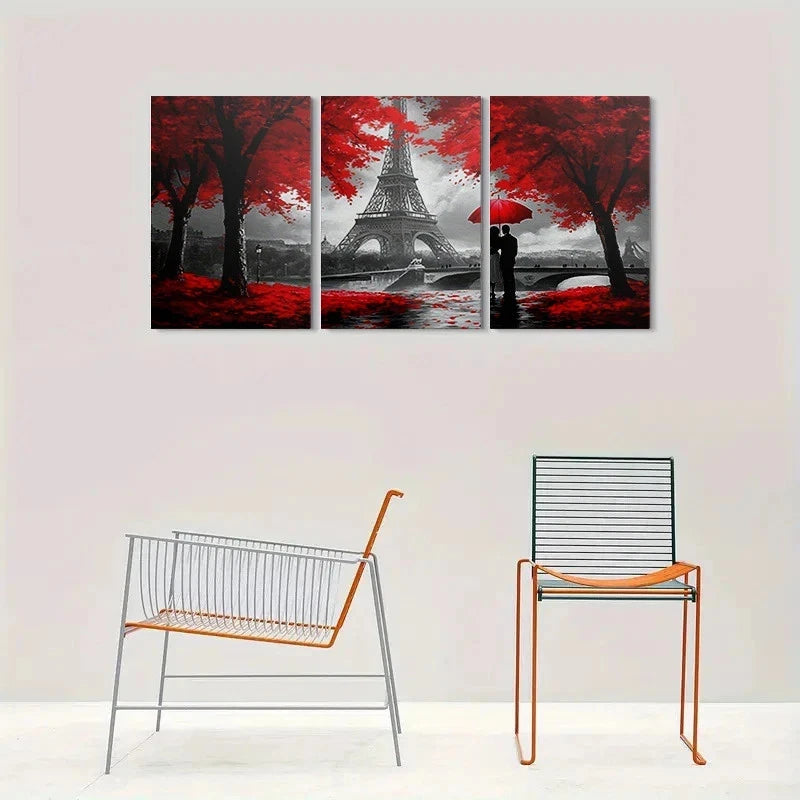 3pcs Eiffel Tower Red Leaf Parisian Romance Metal Print Ready to Hang Art - Bella Home Decor