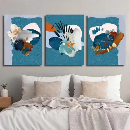 3pcs Geometric Patterns in Turquoise And Orange Metal Print Ready to Hang Art - Bella Home Decor