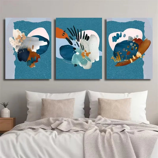 3pcs Geometric Patterns in Turquoise And Orange Metal Print Ready to Hang Art