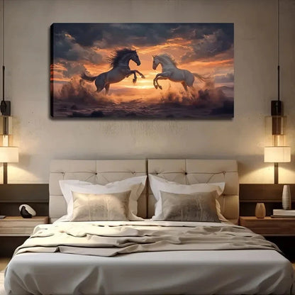 Two Horses Leaping At Sunset Wall Art canvas office home room framed 120x60cm - Bella Home Decor
