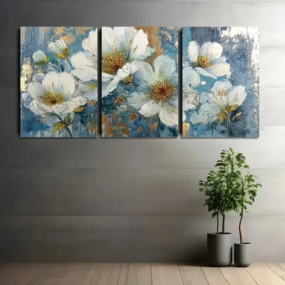 3pcs White Flowers With Blue Accents Wall Art Set Canvas Framed 50x70cm - High Quality Print 100% Australian Made Wall Canvas Ready to Hang
