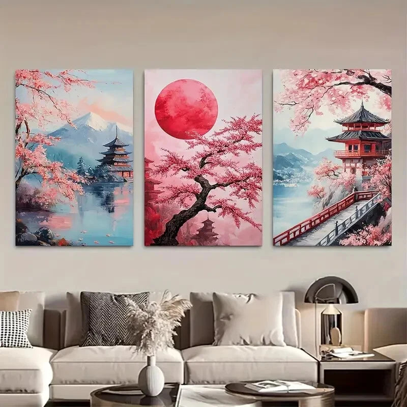 3pcs Mount Fuji Sakura Blossom Red Sunset in Japan Metal Print Ready to Hang Art - Bella Home Decor