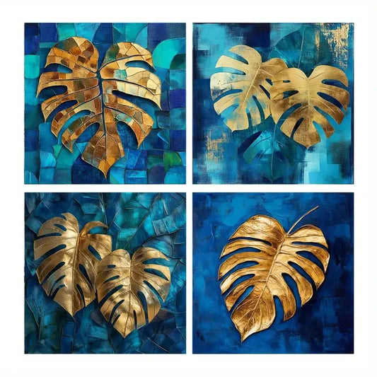 4pcs Abstract Blue & Golden Leaf Wall Art Canvas Framed