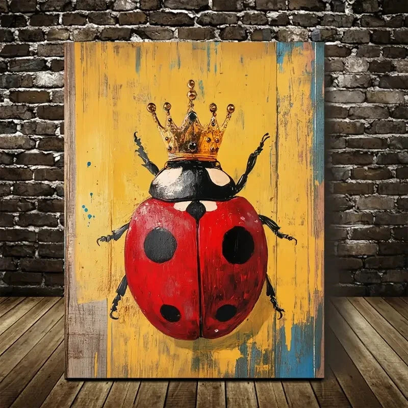 Vibrant Ladybug with Golden Crown Painting 40x60cm Metal Print Ready to Hang