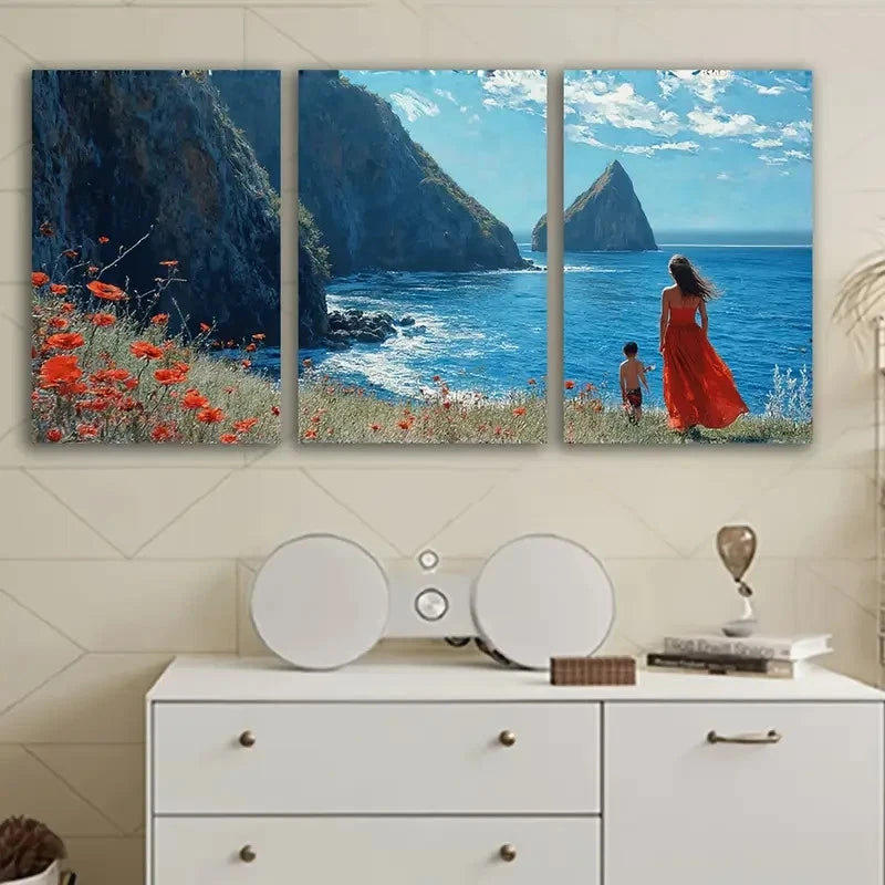 3pcs Woman By The Sea Coastal Scene Wall Art Set Canvas Framed 50x70cm - High Quality Print 100% Australian Made Wall Canvas Ready to Hang