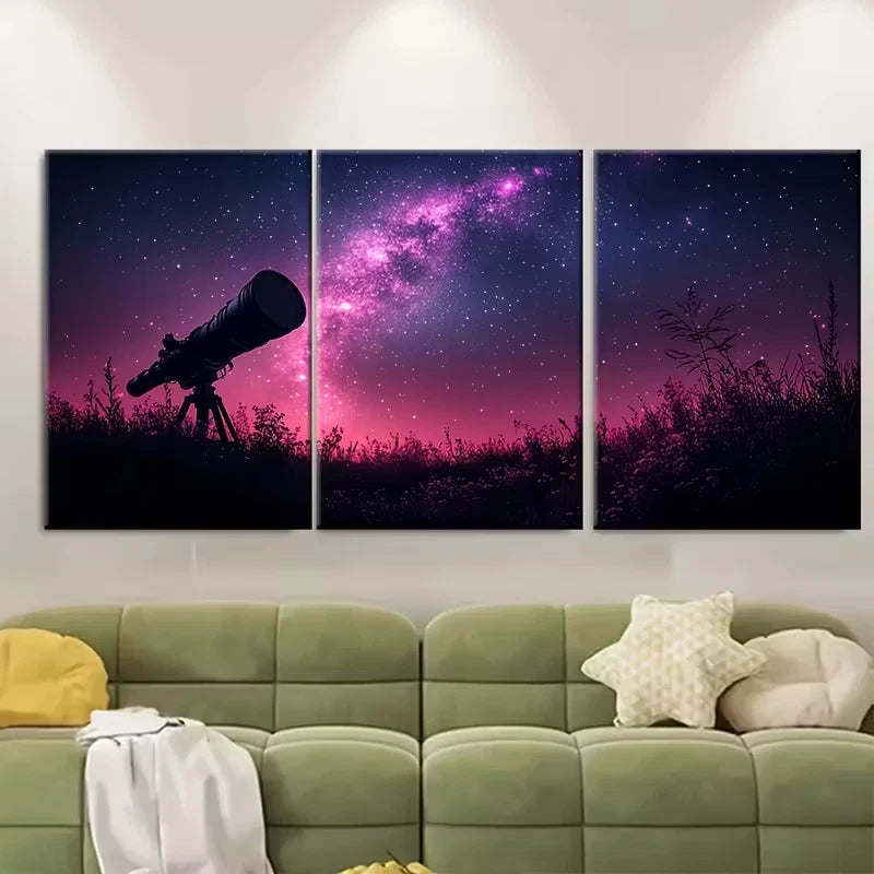3pcs Telescope Silhouette Infinite Space Night Sky Metal Print Ready to Hang Art