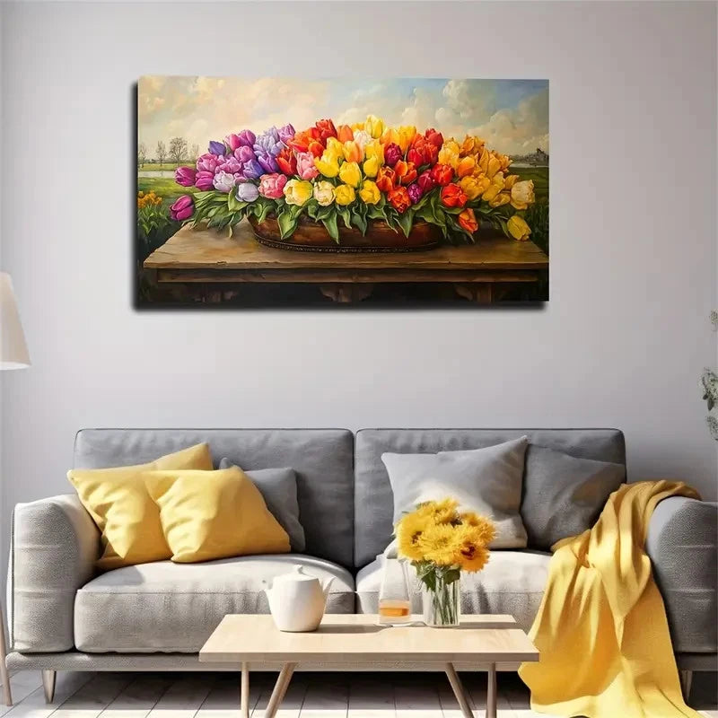 Vibrant Tulip Basket Spray Wall Art Canvas Office Home Room Framed 120x60cm