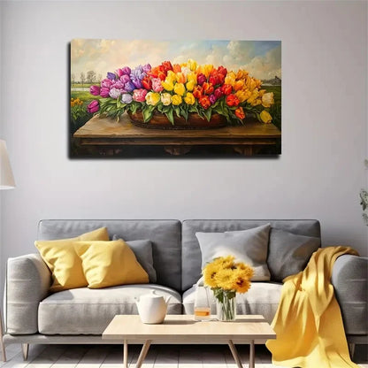 Vibrant Tulip Basket Spray Wall Art Canvas Office Home Room Framed 120x60cm