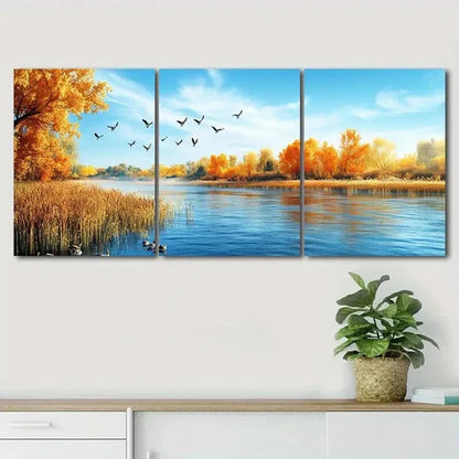 3pcs Autumn Golden Trees Lake Scene Perfect Wall Art Canvas Unframed - High Quality Print 100% Australian Made Wall Canvas - Bella Home Decor