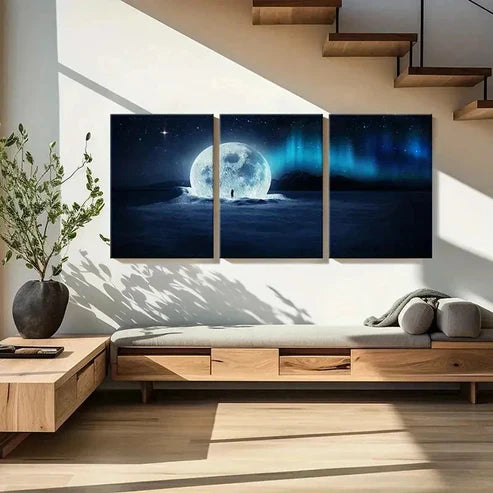 3pcs Aurora Snow Moon Falling On Snow Wall Art Set Canvas Unframed - High Quality Print 100% Australian Made Wall Canvas - Bella Home Decor