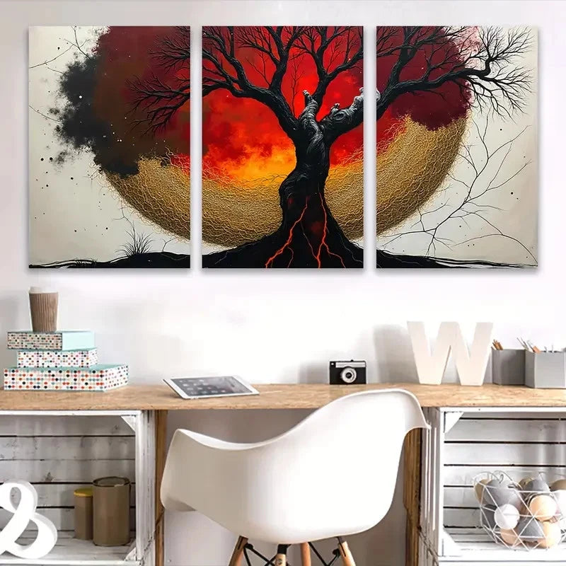 3pcs Painting of a Tree with a Red Sky  Wall Art Set Canvas Framed 50x70cm - High Quality Print 100% Australian Made Wall Canvas Ready to Hang - Bella Home Decor