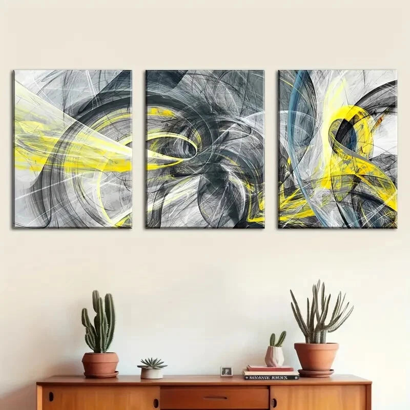 3pcs Abstract Colorful Line Art with Interwoven Metal Print Ready to Hang Art - Bella Home Decor