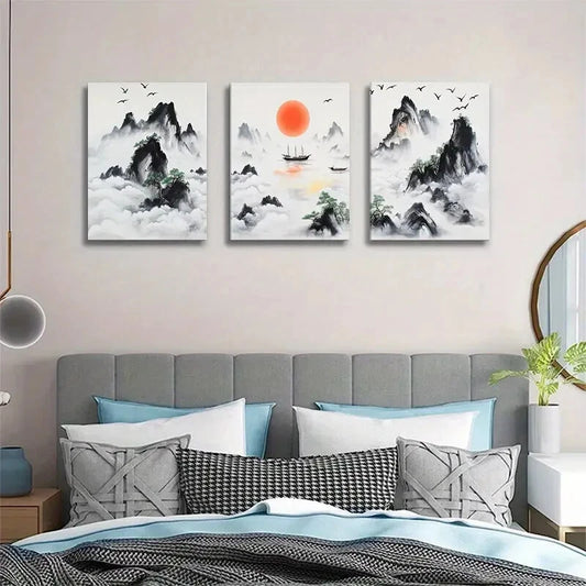 3pcs Majestic Mountains River and Boats with Red Metal Print Ready to Hang Art