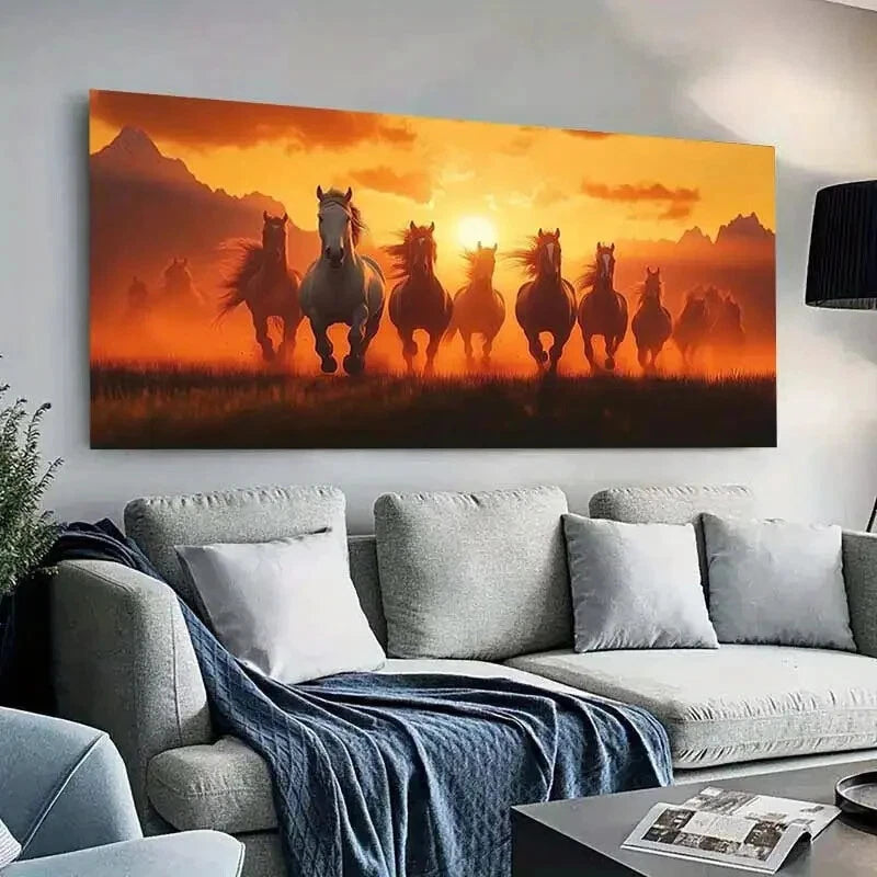Sunset Galloping Horses wall canvas office home room framed 120x60cm - Bella Home Decor