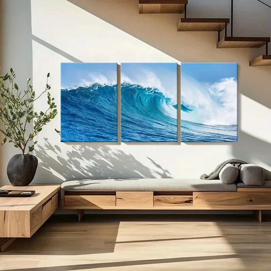 3pcs Vibrant Blue Surf Ocean Wave Wall Art Set Canvas Framed 40x60cm - High Quality Print 100% Australian Made Wall Canvas Ready to Hang