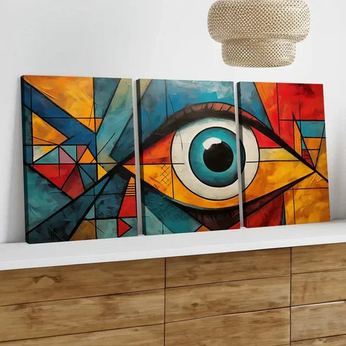 3pcs Modern Art Eye Blue & Black Golden Red Pink Wall Art Set Canvas Unframed - High Quality Print 100% Australian Made Wall Canvas