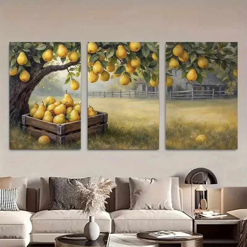 3pcs Ripe Pears in Wooden Crates Metal Print Ready to Hang Art
