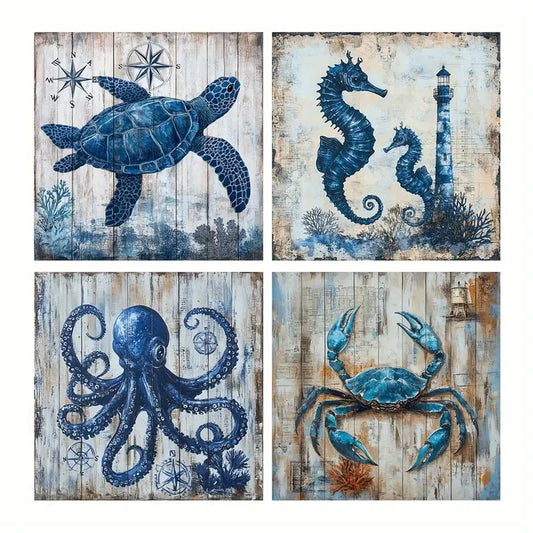 4pcs Lighthouse Poster, Sea Crab Decorative Wall Art Canvas Framed