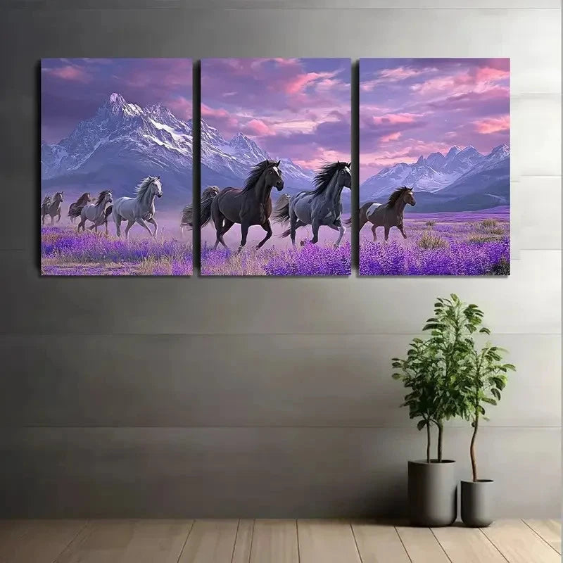 3pcs Black White Gray & Purple Wild Horses Metal Print Ready to Hang Art - Bella Home Decor