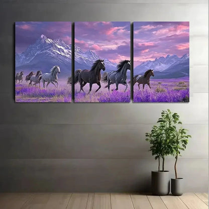 3pcs Black White Gray & Purple Wild Horses Metal Print Ready to Hang Art - Bella Home Decor